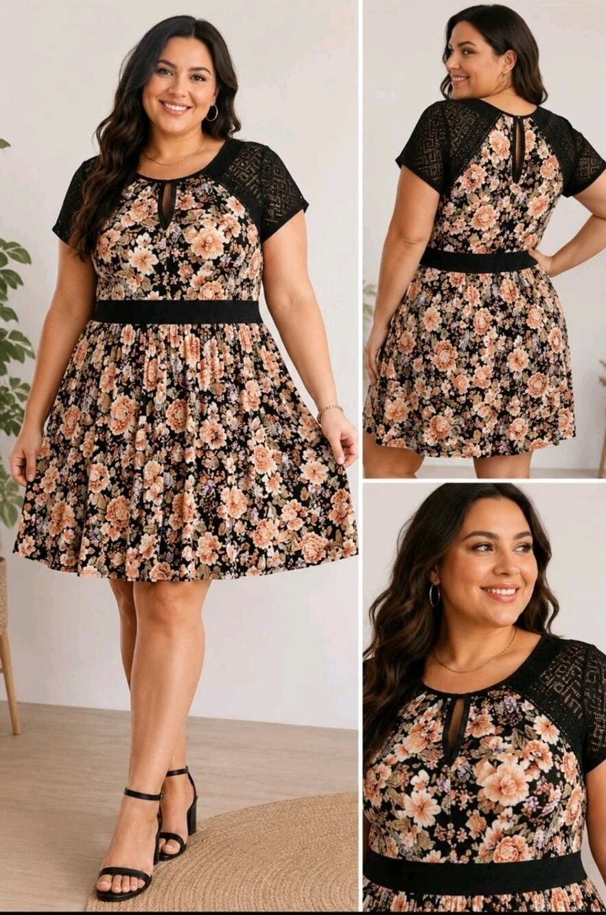 Torrid Dress 3X 22-24 Super Soft Floral Lace Yoke Black Orange Whimsigoth Fun